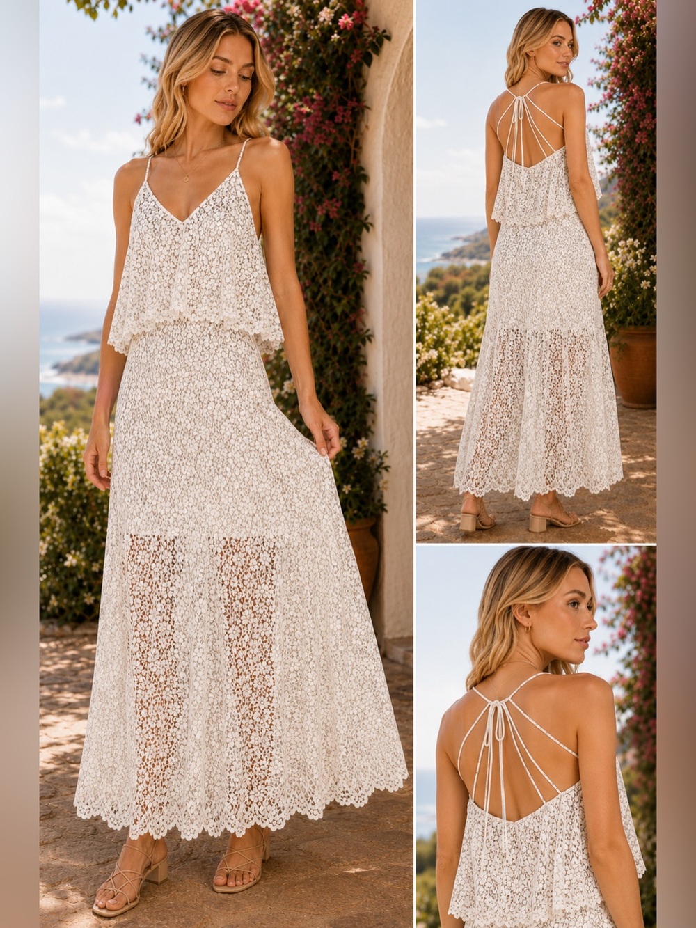 WILLOW & CLAY White Black Floral Lace Maxi Dress Tiered Bodice Strappy Romantic